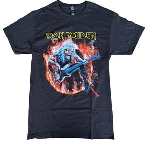 Iron Maiden Eddie Bass Guitar Flame Graphic T-Shirt Black Mens Small M&O Gold